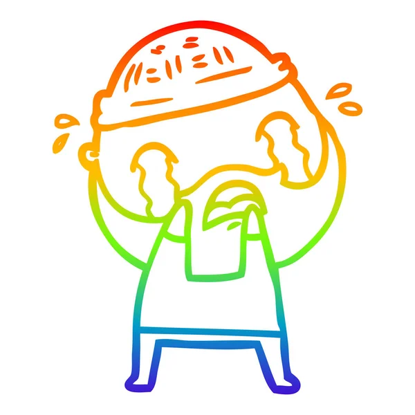Rainbow Gradient Line Zeichnung Karikatur bärtiger Mann weint — Stockvektor