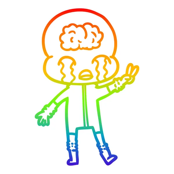 Rainbow gradient ligne dessin dessin animé grand cerveau alien pleurer et — Image vectorielle