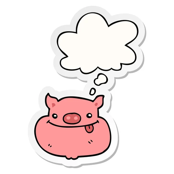 漫画の幸せな豚の顔と印刷されたステッカーとしてバブルを考えた — ストックベクタ