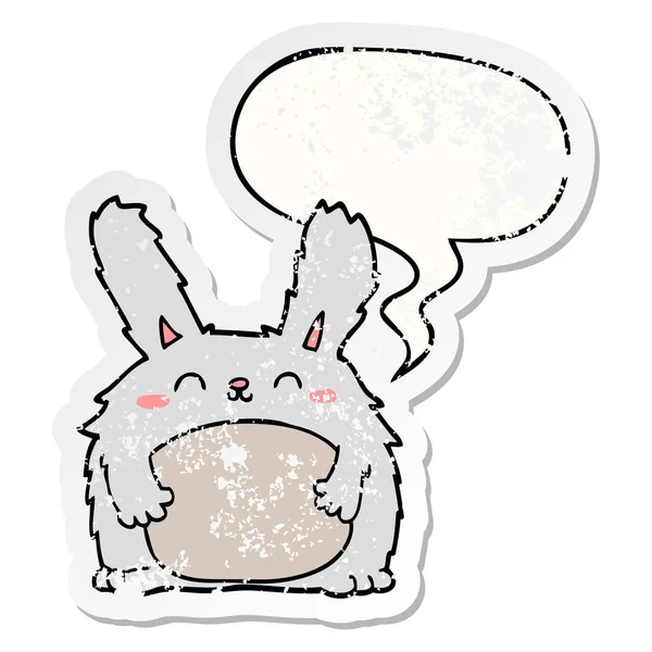 Dibujos animados conejo peludo y el habla burbuja angustiado etiqueta engomada — Vector de stock