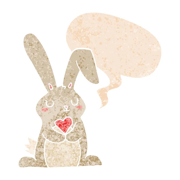 Cartoon rabbit in love and speech bubble in retro textured style — Stock Vector
