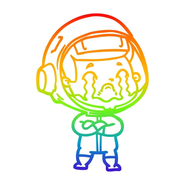 Regenbogen-Gradienten-Linie Zeichnung Karikatur weinender Astronaut — Stockvektor