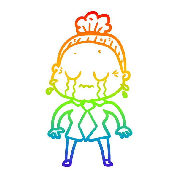 Linea gradiente arcobaleno disegno cartone animato piangendo vecchia signora — Vettoriale Stock