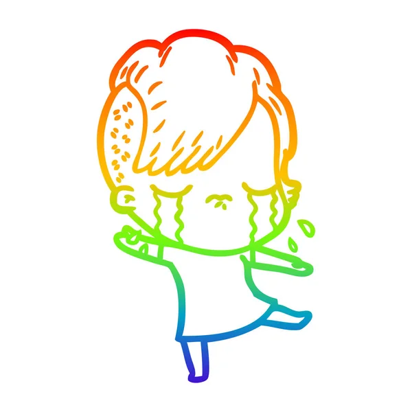Rainbow gradient line drawing cartoon crying girl — Stock Vector