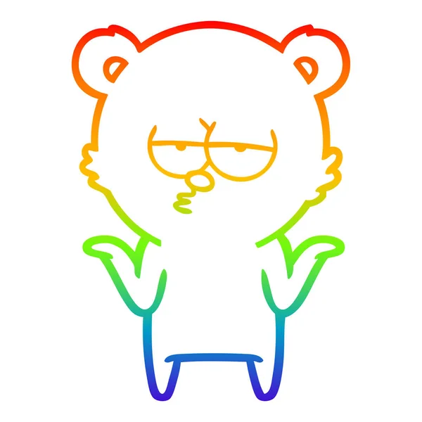 Rainbow gradient line drawing bored bear cartoon shrugging — Stock Vector