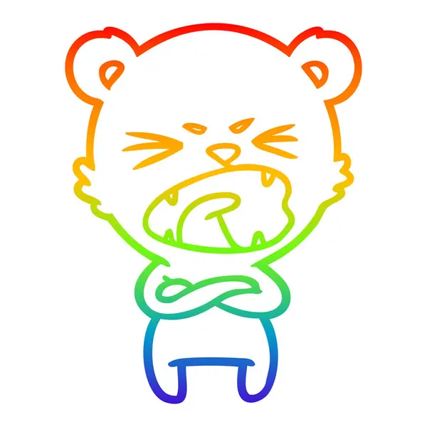 Rainbow gradient line drawing angry cartoon bear shouting — Stock Vector