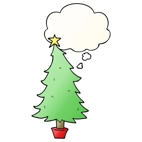 Dessin animé arbre de Noël et bulle de pensée en pente lisse sty — Image vectorielle