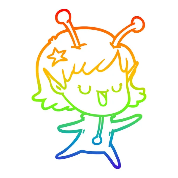 Rainbow gradient line drawing happy alien girl cartoon — Stock Vector