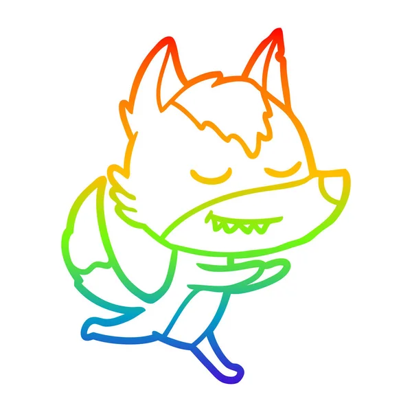 Arco iris gradiente línea dibujo amistoso dibujos animados lobo corriendo — Vector de stock