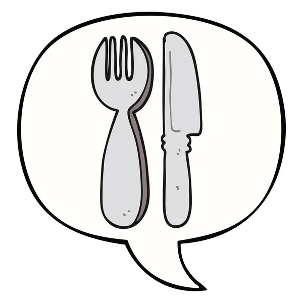 Cuchillo de dibujos animados y tenedor y burbuja de habla — Vector de stock