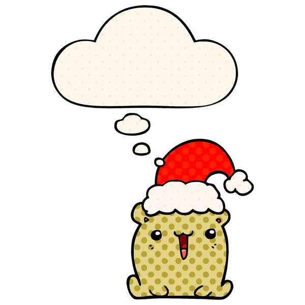 Niedlicher Cartoon-Bär mit Weihnachtsmütze und Gedankenblase im Comic — Stockvektor