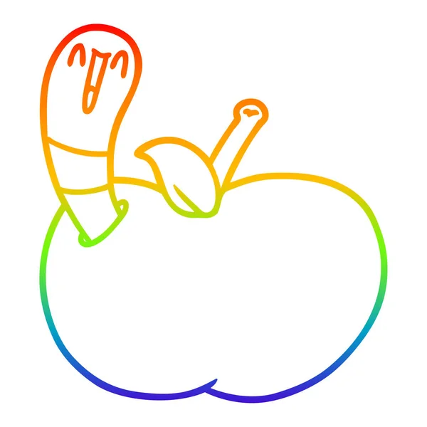 Línea de gradiente arco iris dibujo gusano de dibujos animados en manzana — Vector de stock