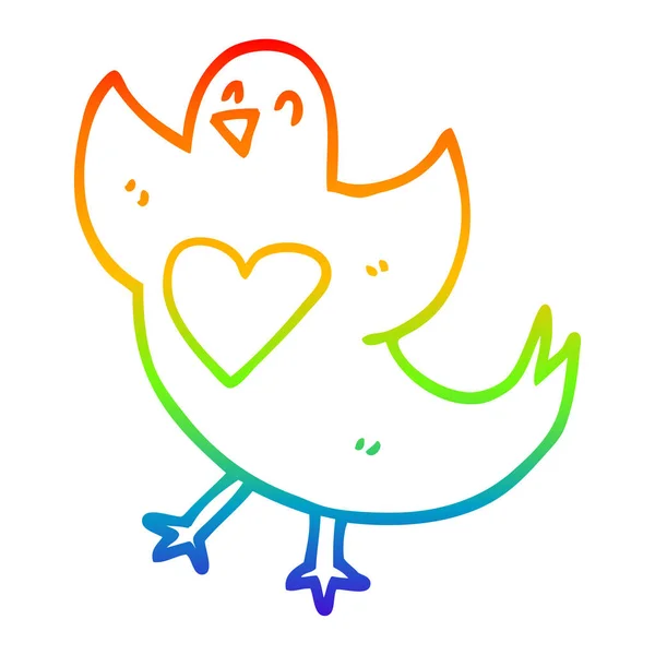 Linha gradiente arco-íris desenho pássaro dos desenhos animados com coração — Vetor de Stock