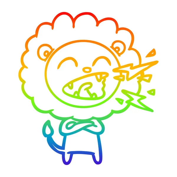 Regenboog gradiënt lijntekening cartoon Roaring Lion — Stockvector