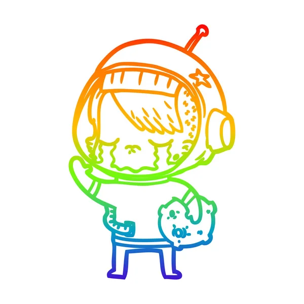 Regenbogen-Gradienten-Linie Zeichnung Cartoon weinende Astronautin Mädchen carr — Stockvektor
