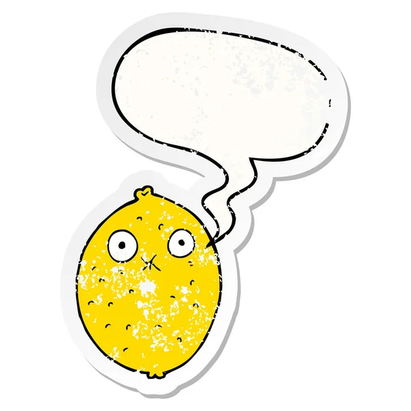 Tecknad bitter citron och pratbubbla nödställda klistermärke — Stock vektor