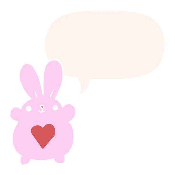 Mignon dessin animé lapin et amour coeur et parole bulle dans rétro st — Image vectorielle