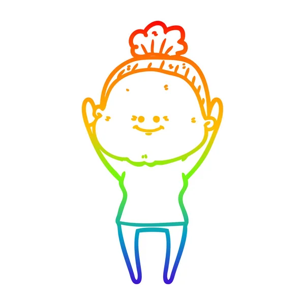 Arco-íris linha gradiente desenho cartoon feliz velha mulher —  Vetores de Stock