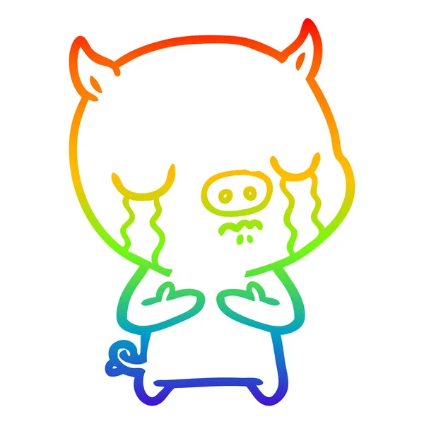 Rainbow gradient ligne dessin dessin dessin animé cochon pleurer — Image vectorielle