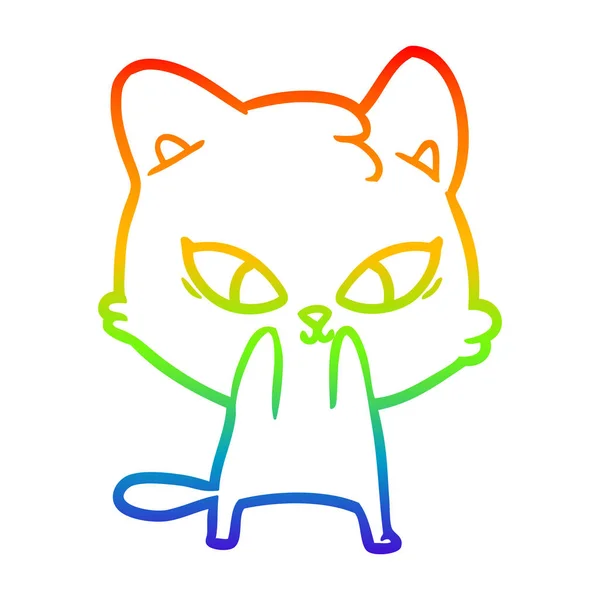 Rainbow gradient line drawing cute cartoon cat — Stock Vector