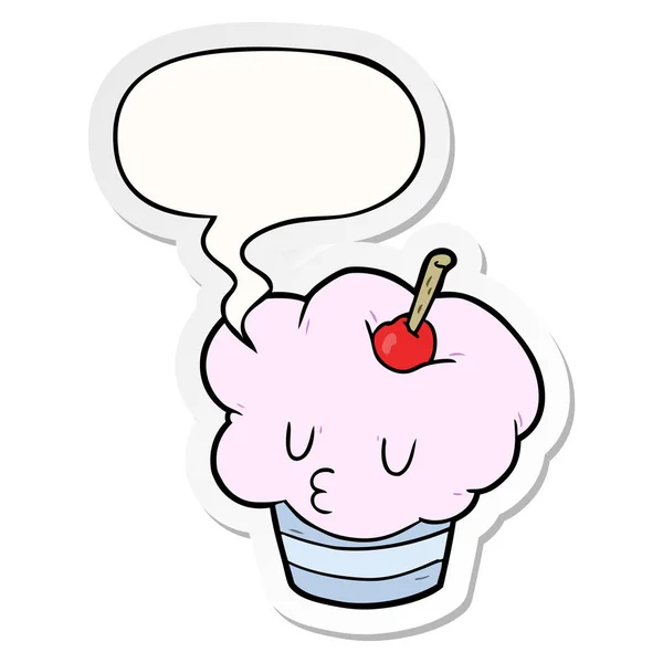 Funny cartoon cupcake and speech bubble sticker — Stock Vector