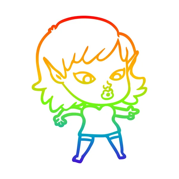 Rainbow gradient ligne dessin jolie dessin animé elfe fille — Image vectorielle