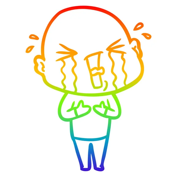 Rainbow gradient line drawing cartoon crying bald man — Stock Vector