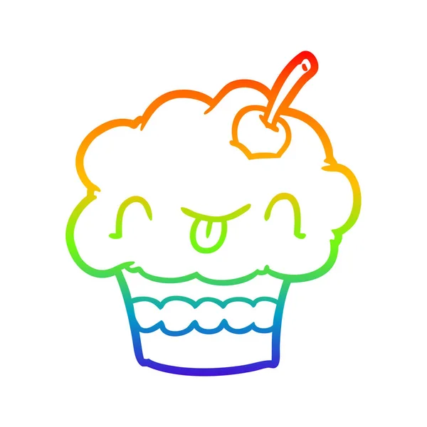 Regenbogen-Gradienten-Linie zeichnet lustige Cupcake — Stockvektor