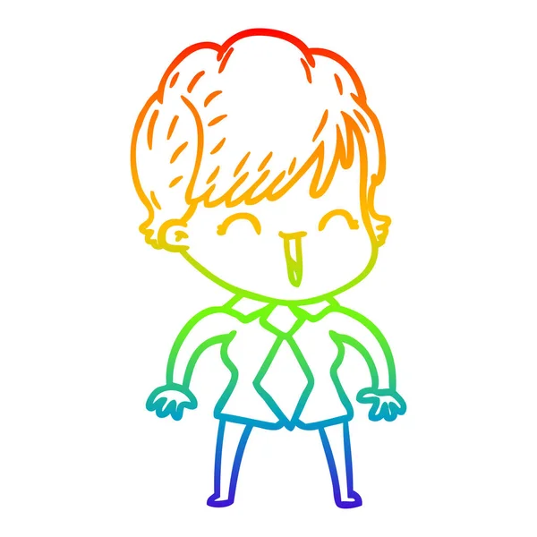 Regenbogen-Gradienten-Linie Zeichnung Karikatur lachende Frau — Stockvektor