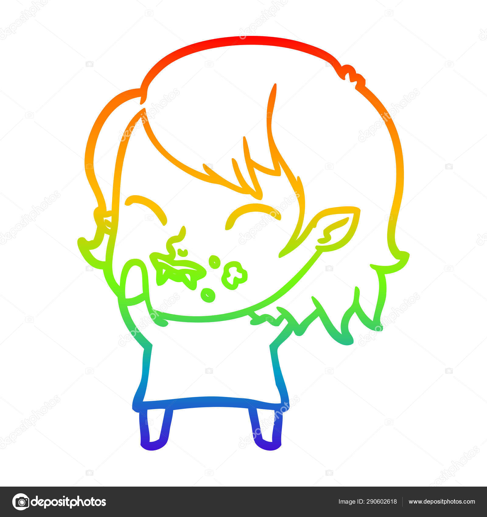 上に血を持つ漫画の吸血鬼の女の子を描く虹のグラデーションライン 上に血を持つ漫画の吸血鬼の女の子を描く虹のグラデーションライン