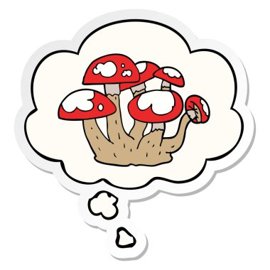 karikatür mantar ve baskılı bir etiket olarak düşünce balonu