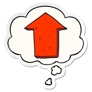 karikatür işaret ok ve basılı bir etiket olarak kabarcık düşünce