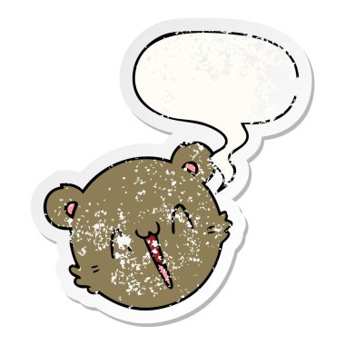 sevimli karikatür oyuncak ayı yüz ve konuşma balonu sıkıntılı sticke