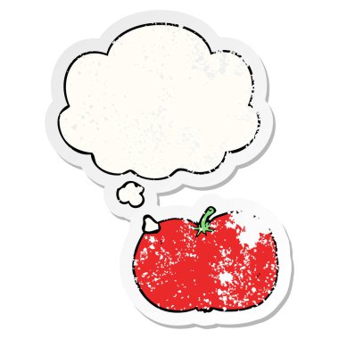 karikatür domates ve sıkıntılı yıpranmış etiket olarak kabarcık düşünce