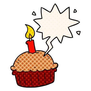 çizgi roman tarzında karikatür doğum günü cupcake ve konuşma balonu