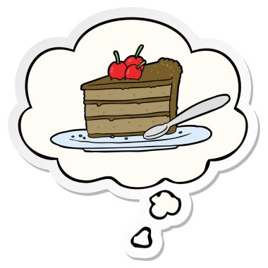 karikatür çikolatalı kek ve baskılı bir etiket olarak kabarcık düşünce