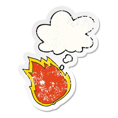 bir sıkıntılı yıpranmış etiket olarak karikatür yangın ve düşünce balonu