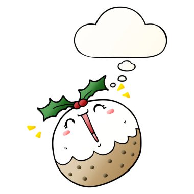 sevimli karikatür noel puding ve pürüzsüz grad düşünce balonu