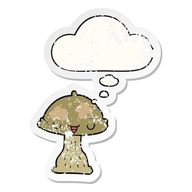karikatür toadstool ve sıkıntılı yıpranmış sticke olarak kabarcık düşünce