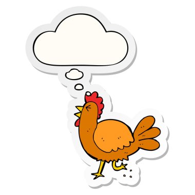 karikatür horoz ve baskılı bir etiket olarak kabarcık düşünce