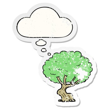 karikatür ağacı ve sıkıntılı yıpranmış etiket olarak kabarcık düşünce