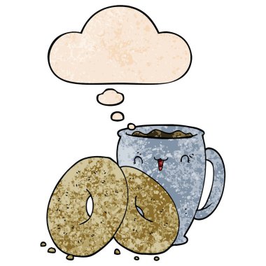 karikatür kahve ve çörekler ve grunge doku p düşünce balonu