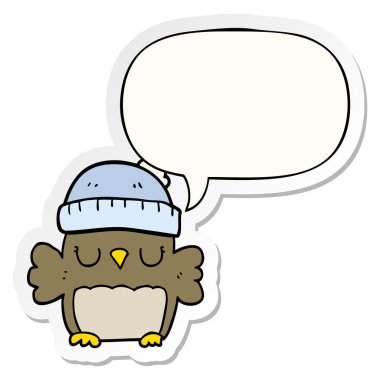 şapka ve konuşma kabarcık etiket sevimli karikatür baykuş