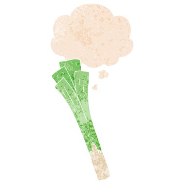 retro dokulu tarzda karikatür pırasa ve düşünce balonu