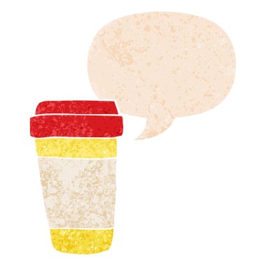 retro dokulu tarzda karikatür kahve fincanı ve konuşma balonu