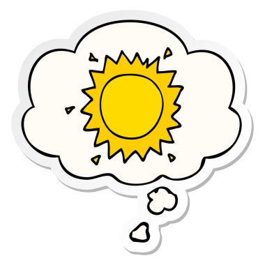 karikatür güneş ve baskılı bir etiket olarak kabarcık düşünce