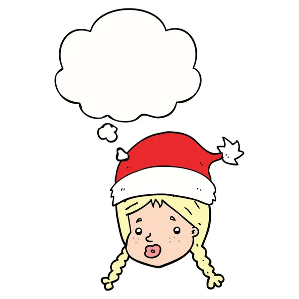 クリスマス帽子と思考バブルを身に着けている漫画の女の子 — ストックベクタ