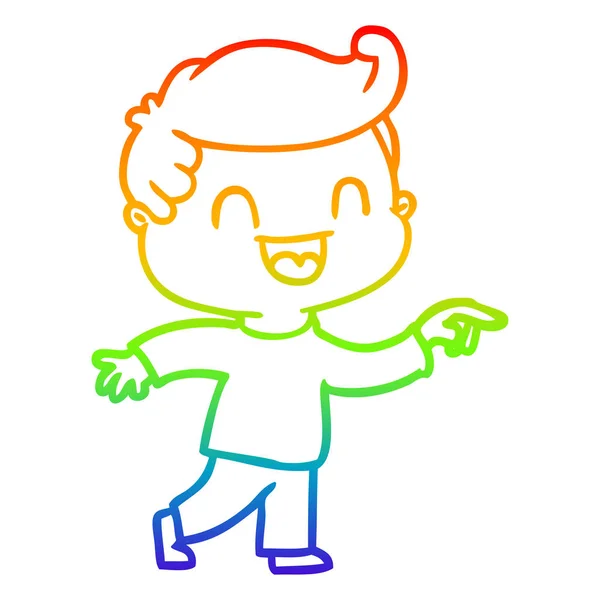 Arco iris gradiente línea dibujo dibujos animados feliz hombre apuntando — Vector de stock