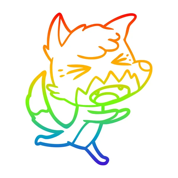 Linea gradiente arcobaleno disegno arrabbiato cartone animato volpe in esecuzione — Vettoriale Stock