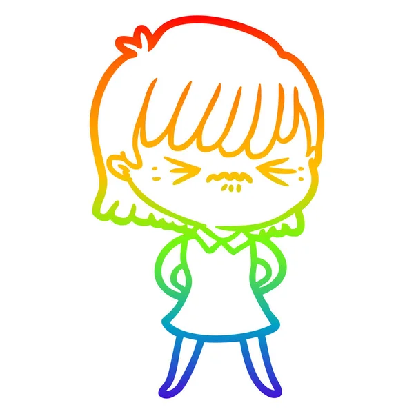 Rainbow gradient line drawing annoyed cartoon girl — Stock Vector